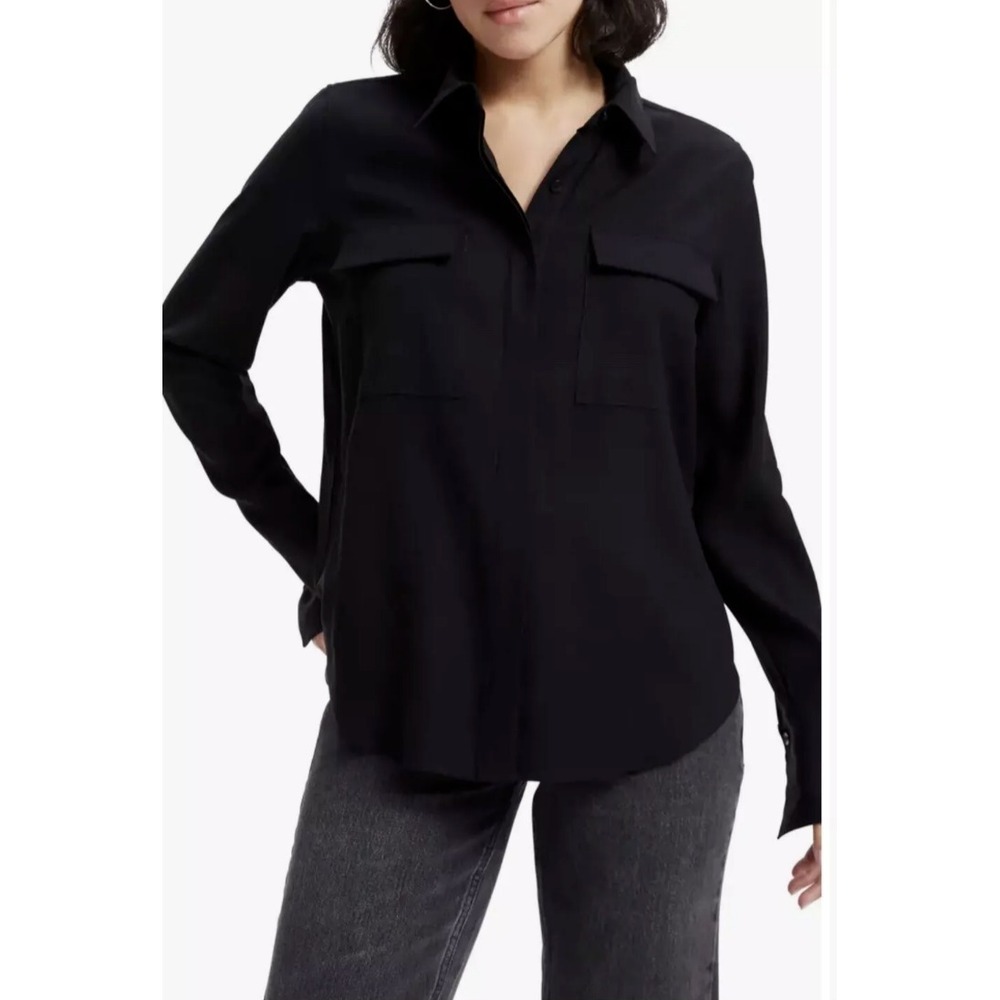 Good American Button Up Shirt Black Cotton Flap Pockets Long Cuff Sleeves SZ 1/S